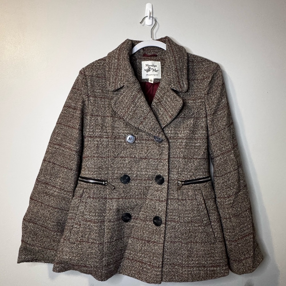 Maralyn & Me Brown Plaid Double-Breasted Pea Coat
